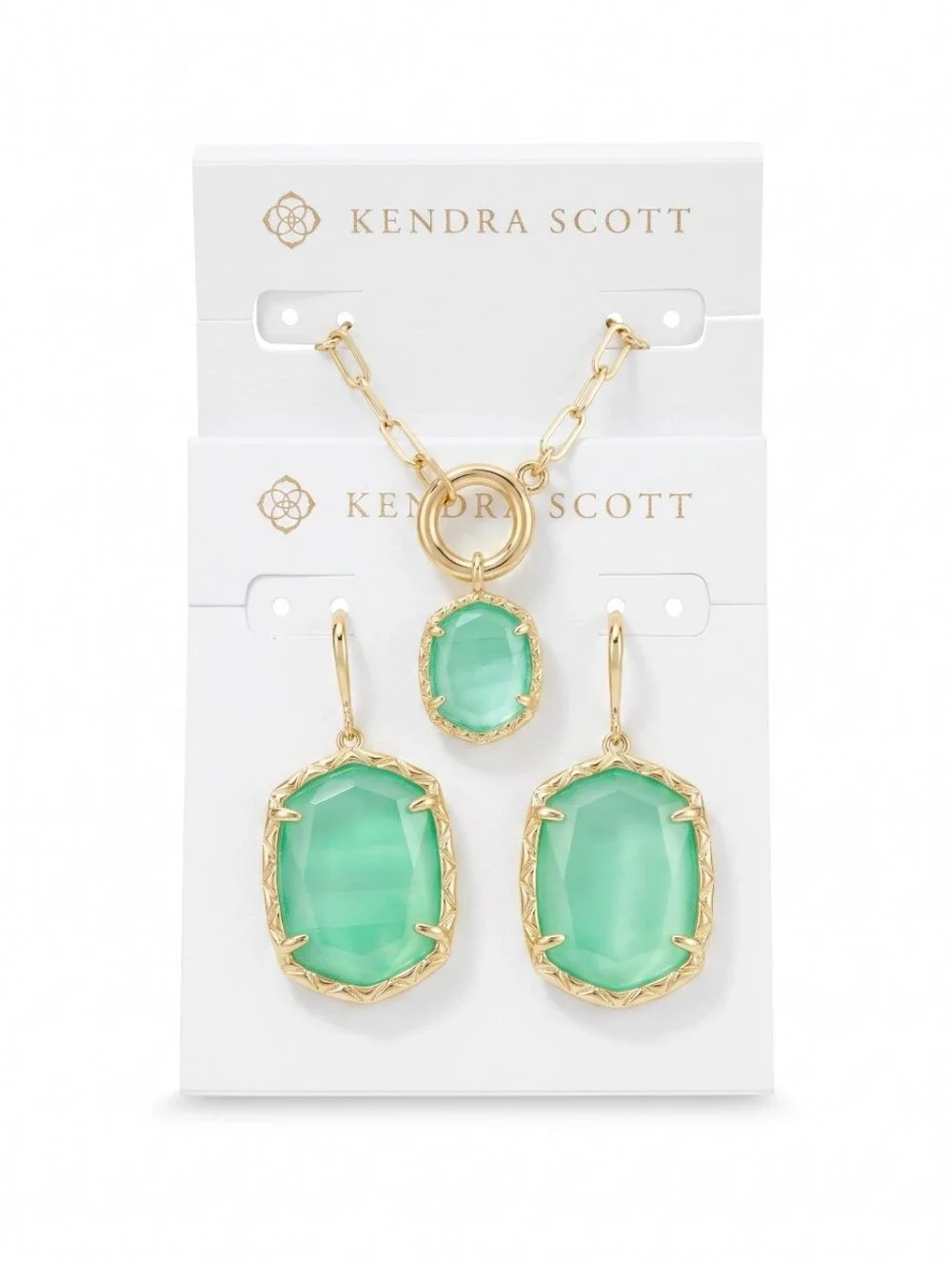 Daphne Gold Link and Chain Necklace And Earrings in Light Green Mother-of-Pearl